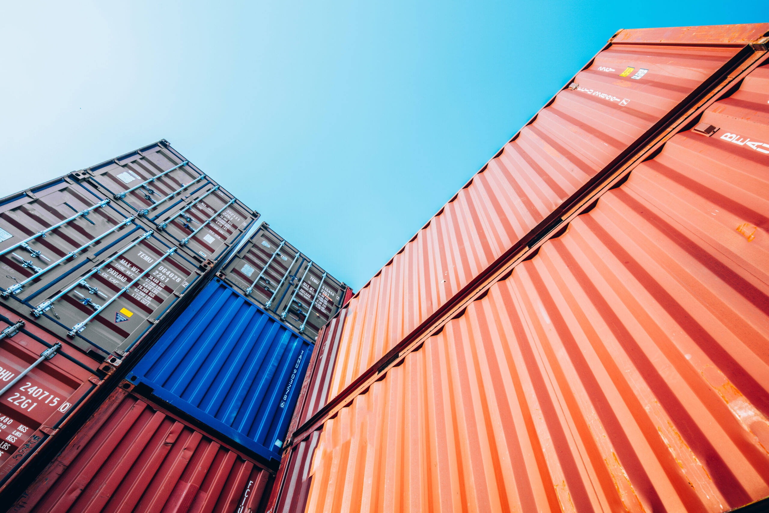 Low angle view of containers stored at Port of Argentia, Newfoundland and Labrador